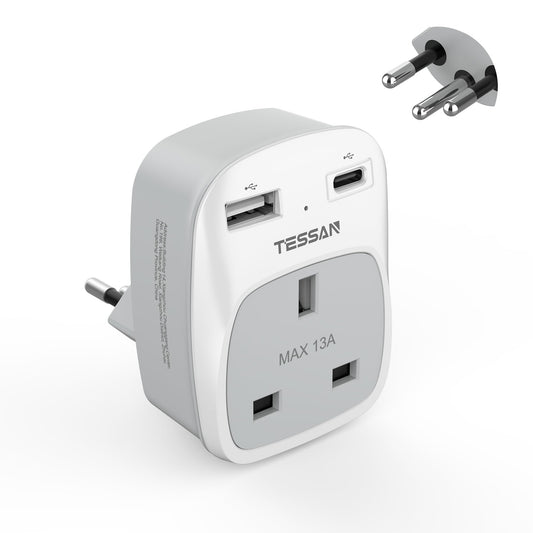 UK to Swiss Plug Adapter, TESSAN Plug Adapter for Switzerland with 2 USB (1 USB C), Grounded Type J Swiss Power Adapter Plug, Swiss Travel Adaptor for