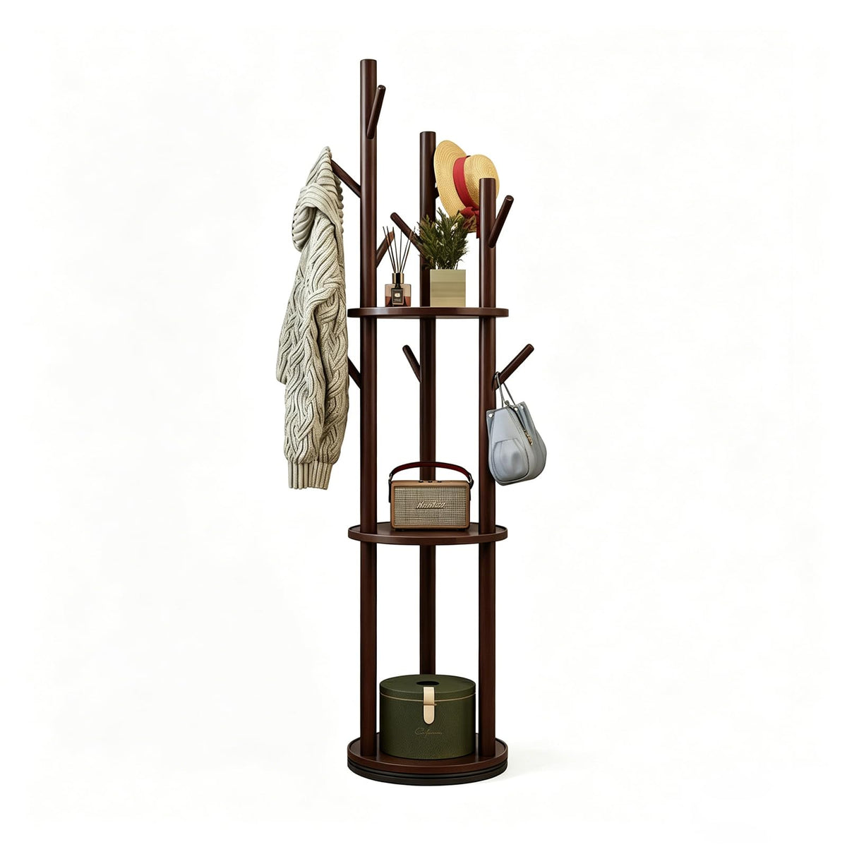 SHEBUYLLI Wooden Coat Stand, Rotatable Free Standing Coat Rack with Hooks