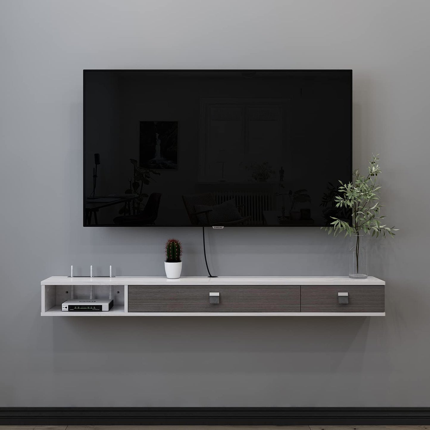 Pmnianhua Floating TV Unit, 47'' Wall Mounted TV Cabinet, Floating Shelves with 2 Doors