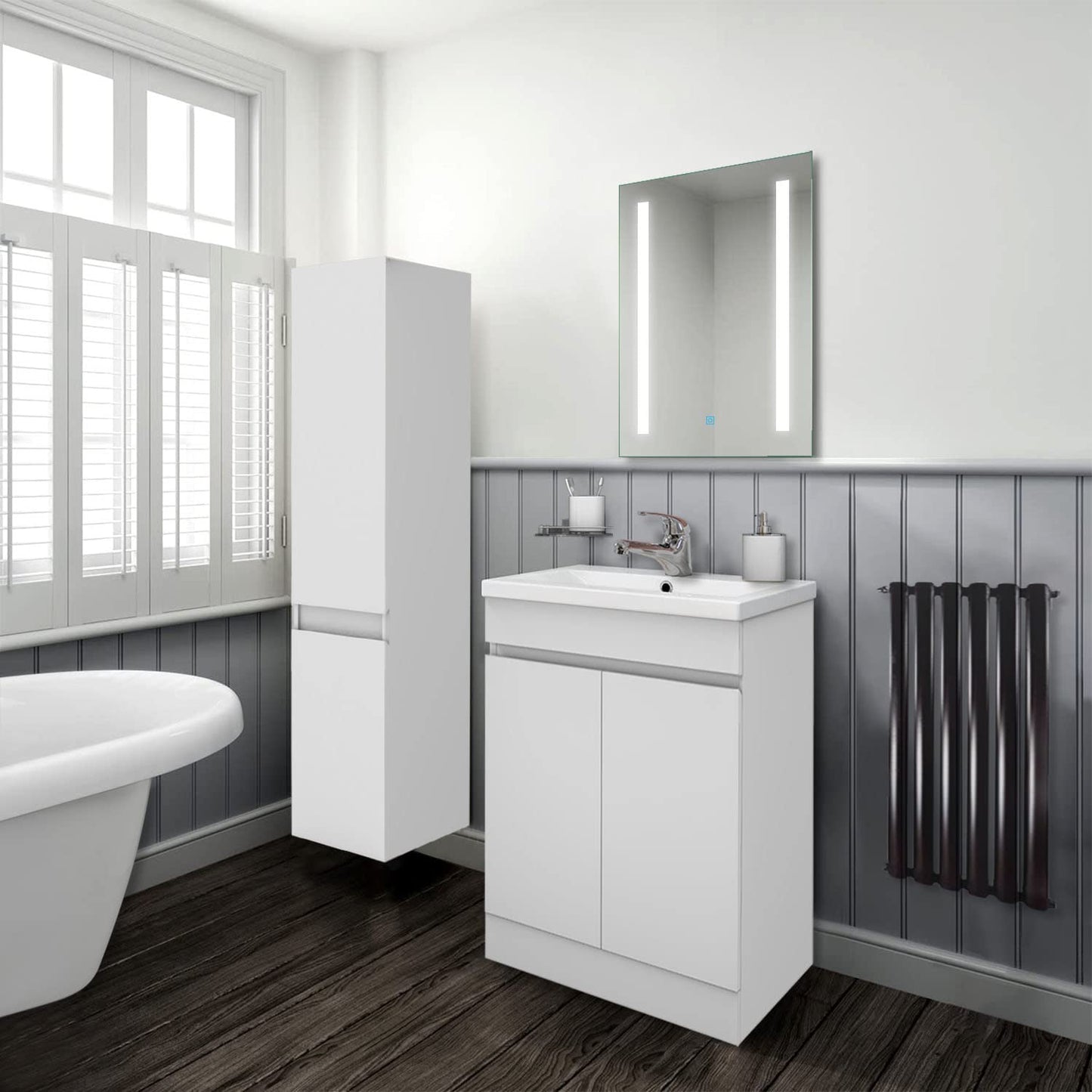 Biubiubath 600mm Bathroom Sink Unit with Basin Matt White 2 Soft Close Doors Freestanding Bathroom Suite with Vanity Unit