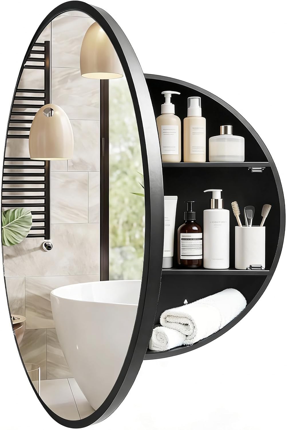 Janboe Round Mirror Cabinet,Aluminum Framed,Soft Close Hinge,71cm,Black