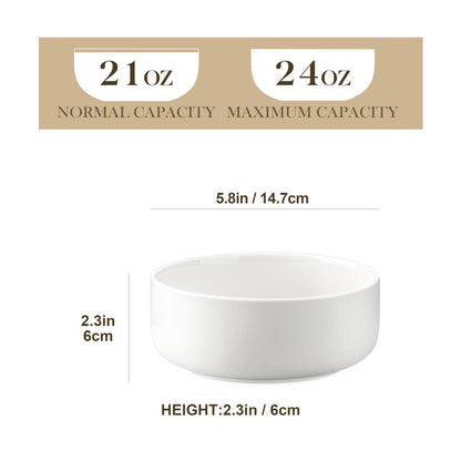 MALACASA 24 oz Cereal Bowls Set of 6, Premium Porcelain Soup and Salad Bowls, Microwave Dishwasher Safe, Modern White Bowl for Noodles, Dessert,