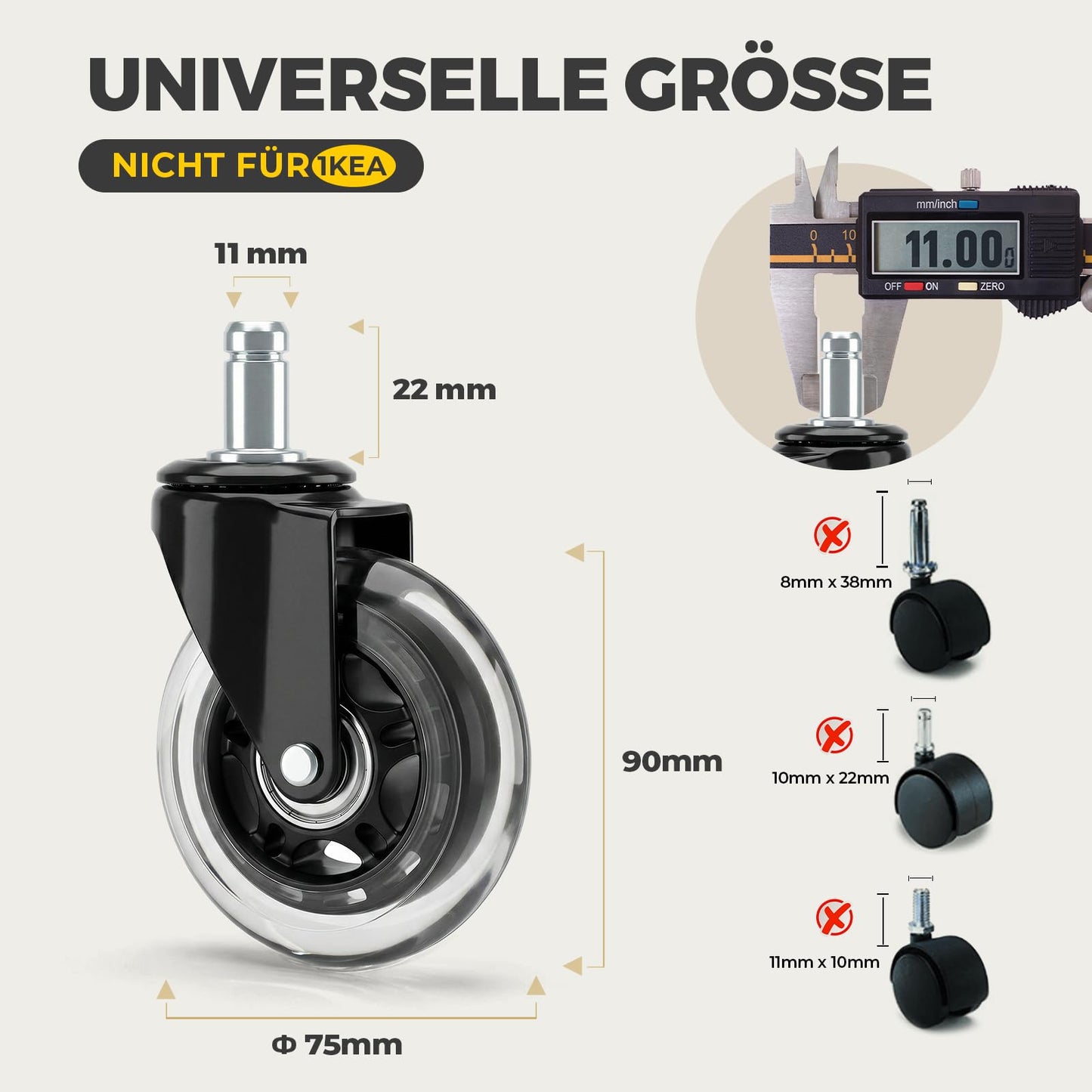 Office Chair Caster Wheels (Universal Stem Size: 11 x 22 mm, Matte Black)
