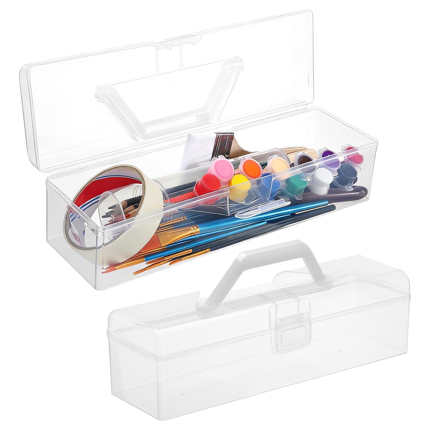 UKCOCO Storage Boxes with Handle: 2 pack Clear Plastic Storage Boxes with Lid Small Portable Craft Organiser for Arts Crafts, Stationery, Pencil