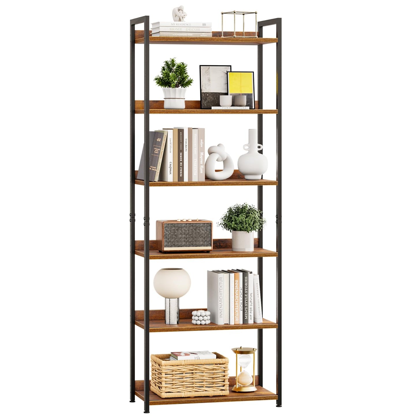 APPOLYN 6 Tier Bookshelf, Open-shelf Bookcase with Backboard, Rustic Brown