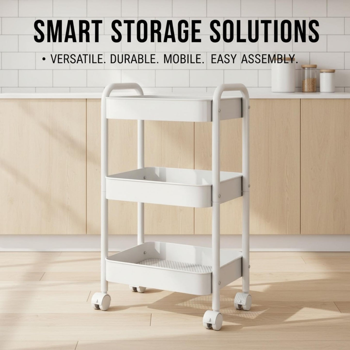 Nikphobos 3 Tier Storage Trolley, Metal Trolley Rolling Utility Cart on Wheels with Hooks, Multi-Purpose Organizer for Kitchen Bathroom Bedroom Office