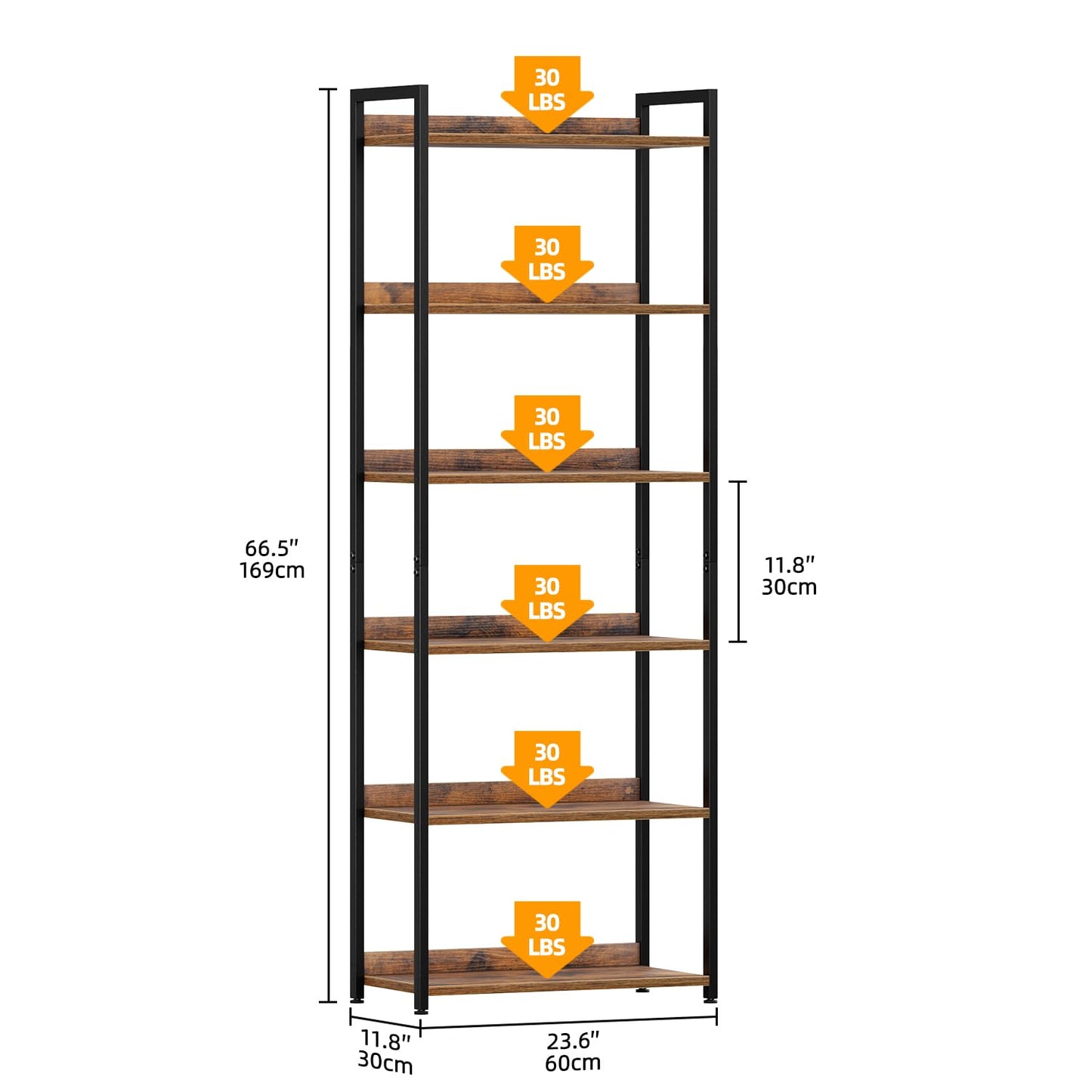 APPOLYN 6 Tier Bookshelf, Open-shelf Bookcase with Backboard, Rustic Brown