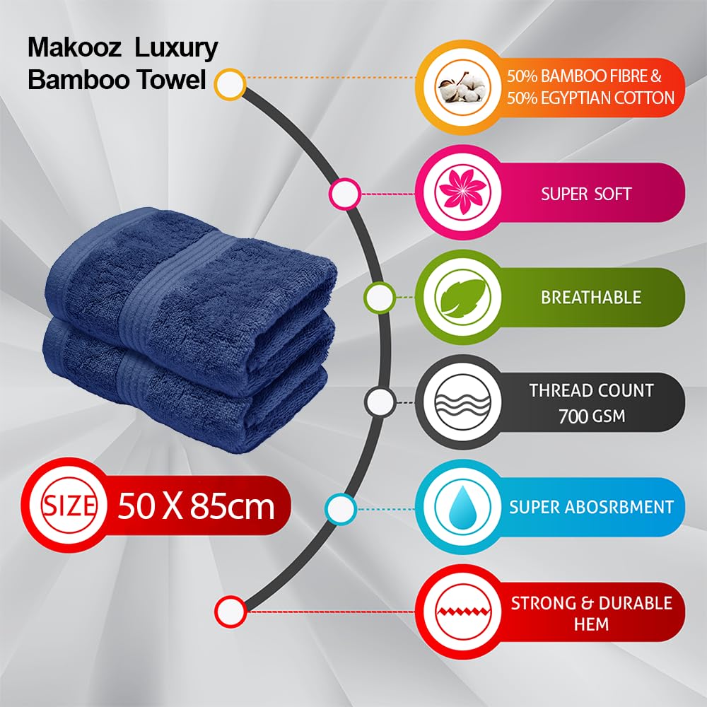 Makooz Luxurious Bamboo Hand Towels for Bathroom 2 Pack - 700 GSM Bamboo & Egyptian Cotton 50/50 Blend - Ultra Silky Soft, Quick Dry, Absorbent