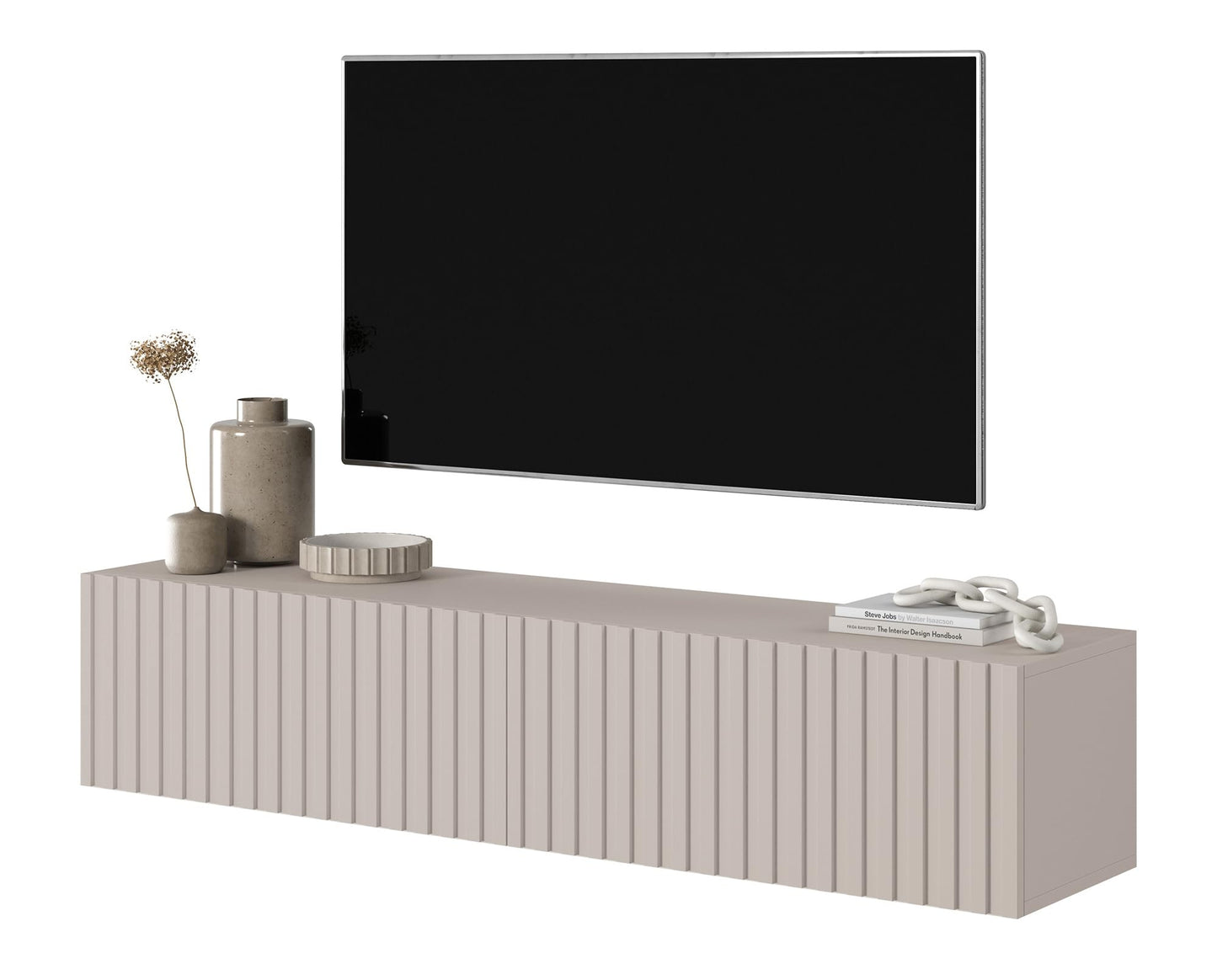 SELSEY Wooden Wall-Mounted TV Cabinet 138.6 x 31.6 x 30 cm for TVs Up to 60'', Taupe Grey Finish with Slatted Front, MDF Body