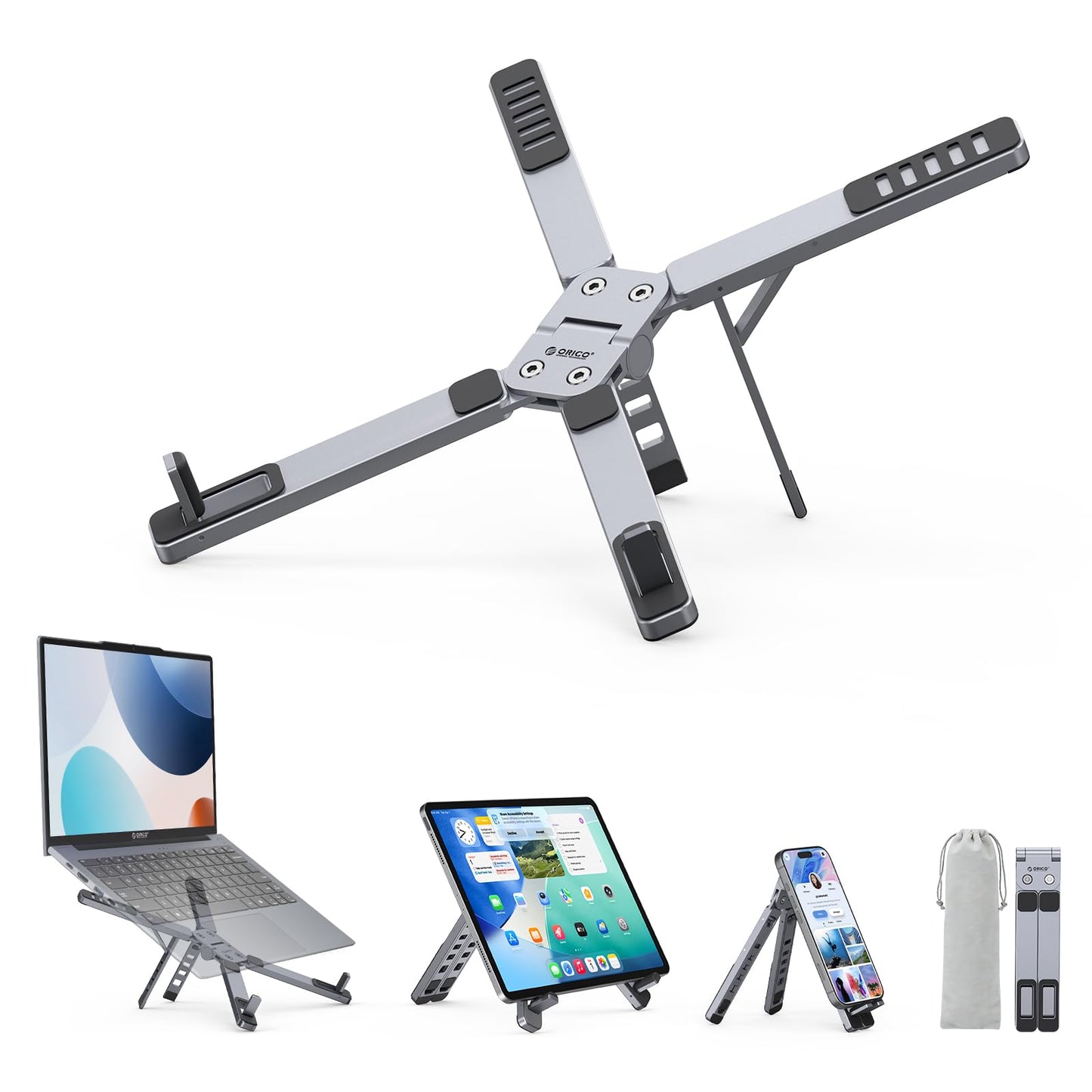 ORICO Portable Laptop Stand for Travel & Desk, Ultra-Compact Foldable Aluminum 3-in-1 Riser for Laptop, Tablet & Phone, 5 Adjustable Heights