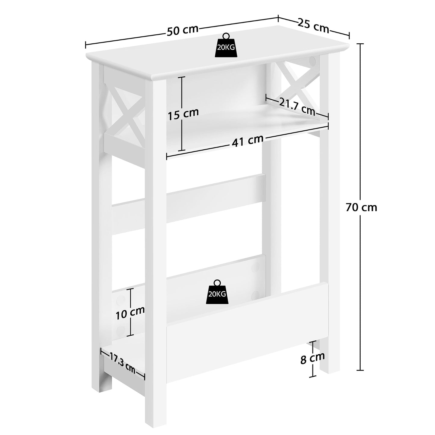 Yaheetech 3-Tier Magazine Side Table, 50 × 25 × 70 cm, White