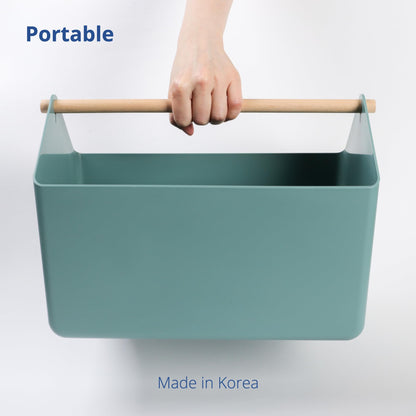 BLUE GINKGO Large Storage Basket – Plastic Caddy with Wooden Handle for Bathroom, Pantry, or Cleaning Supplies Green