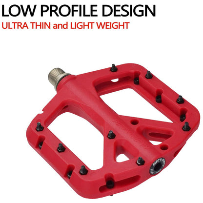 FIFTY-FIFTY Mountain Bike Pedals, Non-Slip MTB Nylon Composite, 9/16" Bicycle Pedals, Lightweight and Wide Flat Platform (Red)