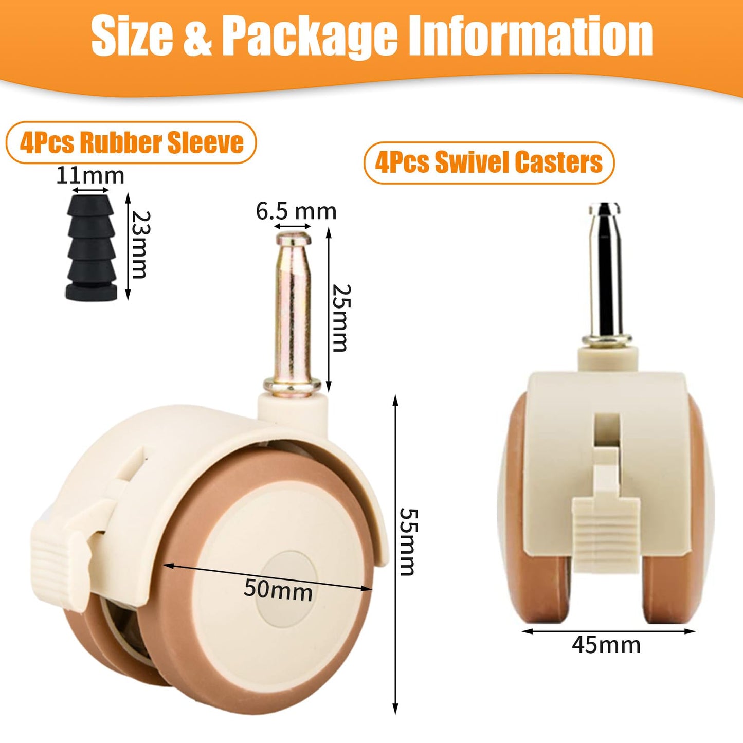 4 Pcs Swivel Double Castors with Rubber Sleeve and Brakes, Metal Plunger Stem Design Small Furniture Wheels, Crib Replacement Caster for Cabinet