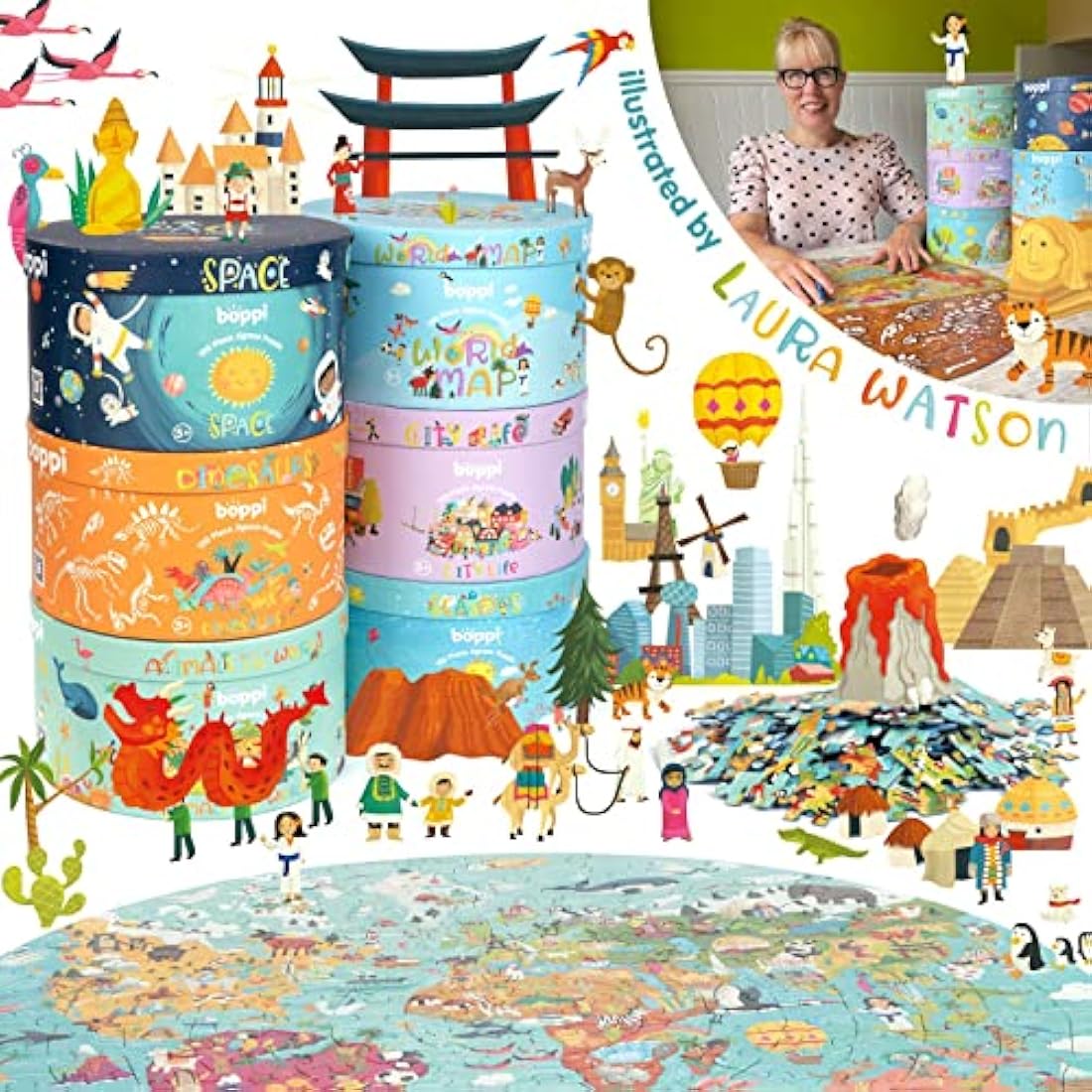 Boppi puzzles for 5+ year olds / 150 Piece Round Circle Jigsaw Puzzles for Kids Aged 5-8 Made with 100% Recycled Card – World Map