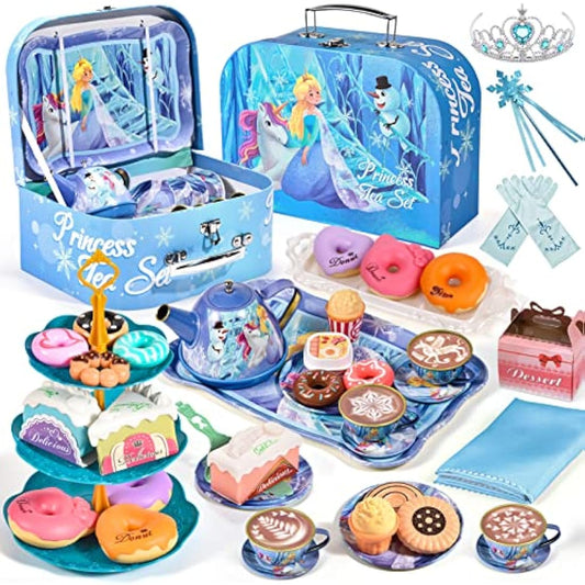 Toddlers Tea Set Frozen Toys Gifts for Girls 3 4 5 6 7 Years Frozen Elsa Tin Tea Party Set & Luxury Food Playset & Carry Case Princess Tea Time Kitchen Pretend Play Toys Princess Gift for Kids Girls