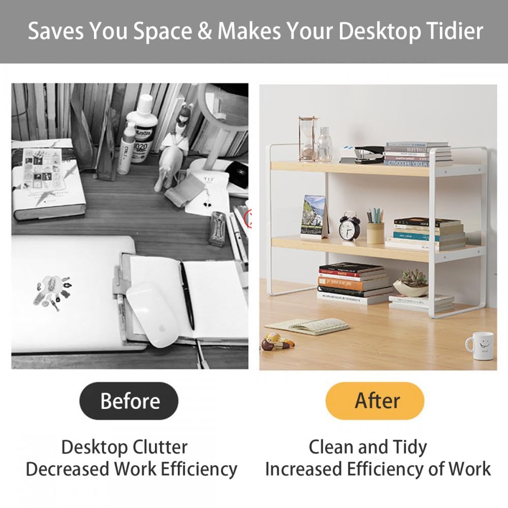 Milky Way 2-Tier Desktop Bookshelf Organizer,Wood Desk Shelf, White Frame﻿