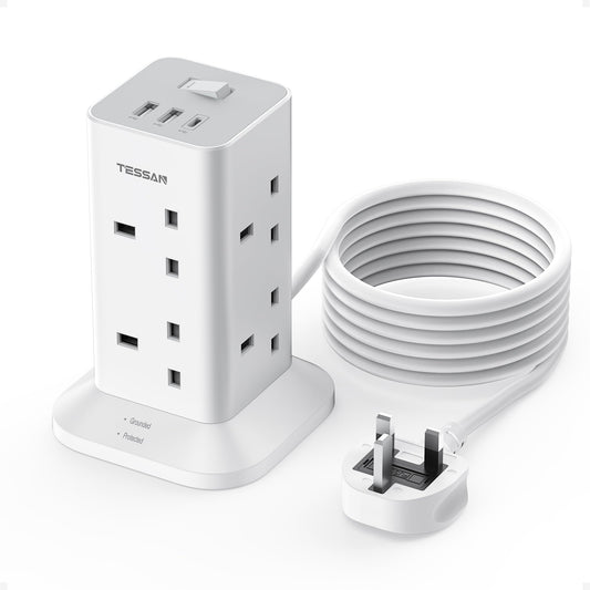 Tower Extension Lead 3M with 3 USB Slots, TESSAN Extension Cable 8 Way Multi Socket Plug with Switch, Surge Protected Power Strip for Home, Office,