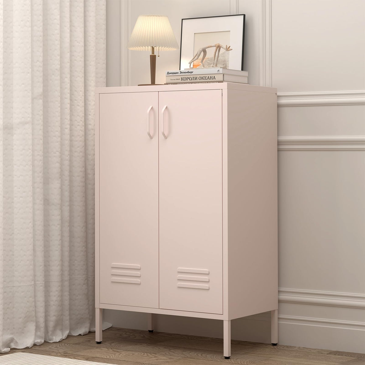 GREATMEET Metal Locker Storage Cabinet, Pink Accent Storage Cabinet, Metal Pantry with Doors for Living Room,Kitchen,Office