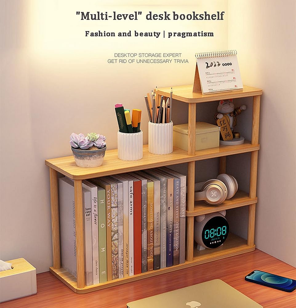 Dreamhousey Desktop Multilayer Bookcase Storage Shelf, Large Capacity Solid Wood Storage Wall on Desk, Student Easy Organising Rack