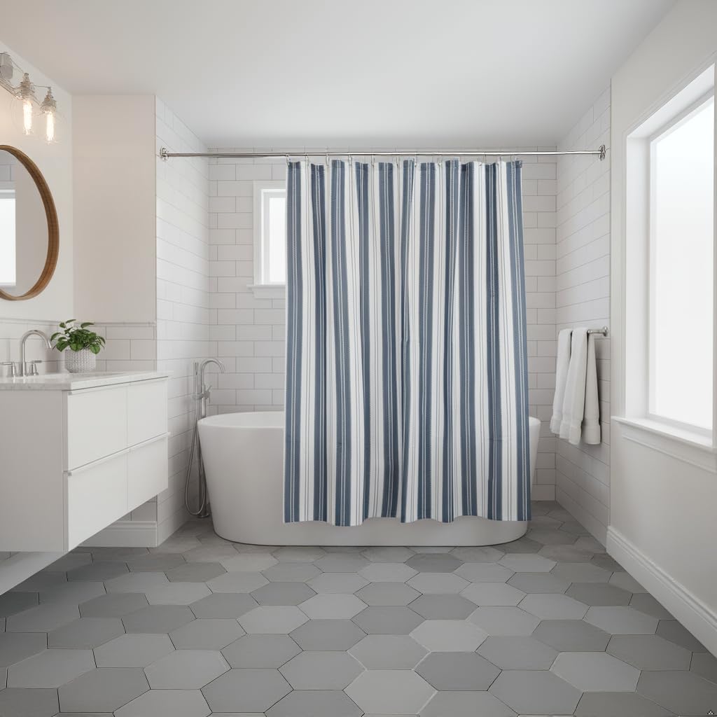 Serafina Home Nautical Chambray Blue and White Fabric Shower Curtain: Cotton Luxury Hotel Stripe with Detailed Eyelet Decorative Weave (Navy)