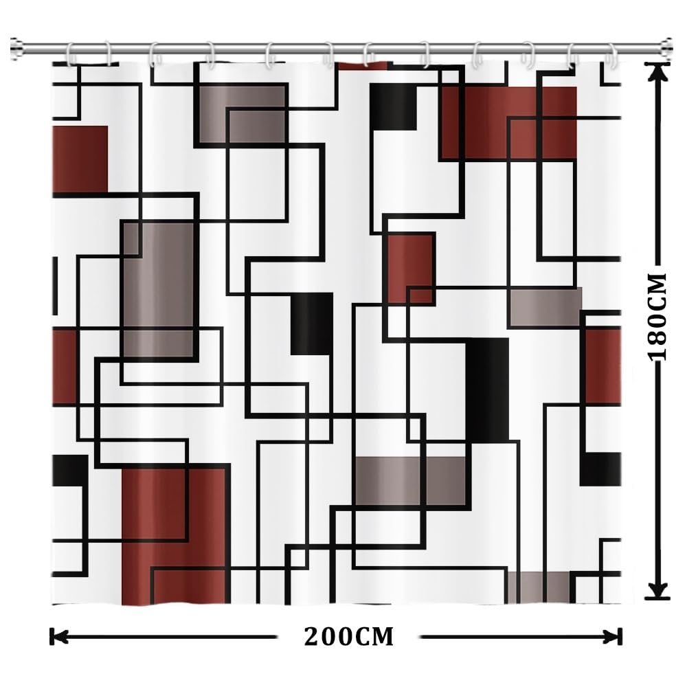 Xiaoterna Geometric Shower Curtain Abstract Red and Black Bathroom Curtain Modern Simplicity Geometric Square Waterproof Machine Washable Shower
