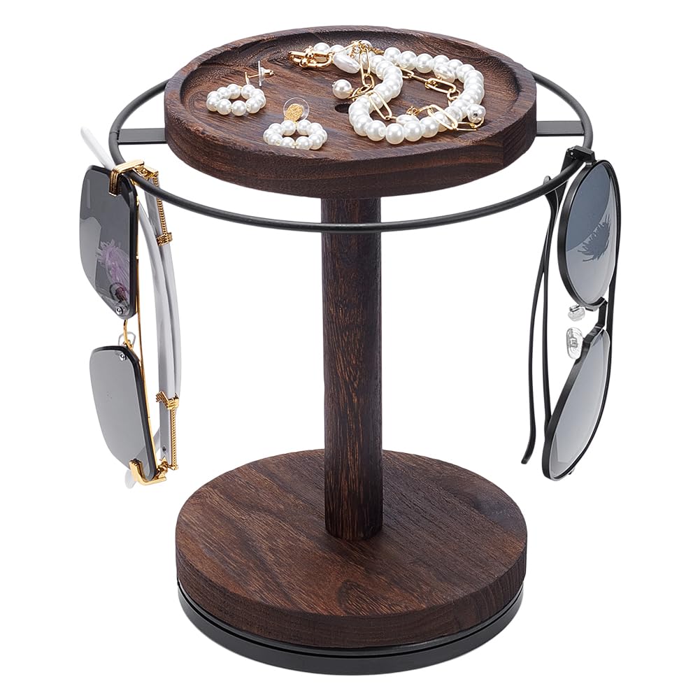 UNICRAFTALE Sunglasses Organizer 360° Rotating Eyeglass Holder Stand with Wood Tray and Base Eye Glass Display Rack for Multiple Sunglass Storage for