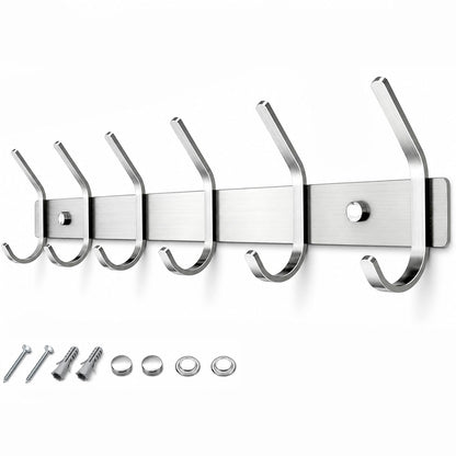 TINIFO Coat Hooks Wall Mounted - Stainless Steel Coat Rack 6 Hook, Silver