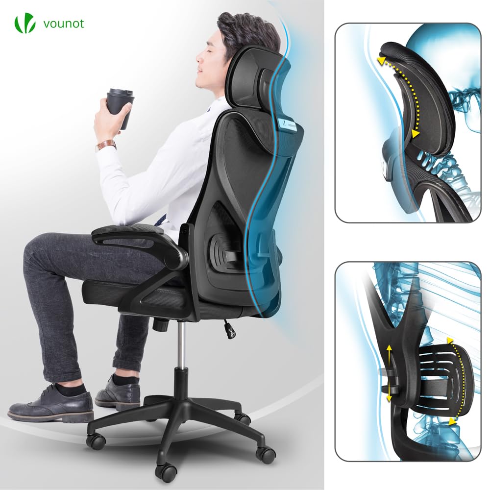 VOUNOT® Ergonomic Office Chair, High Back Mesh Desk Chair with Adjustable Lumbar Support & Headrest, Swivel Computer Chair for Home Office, Black