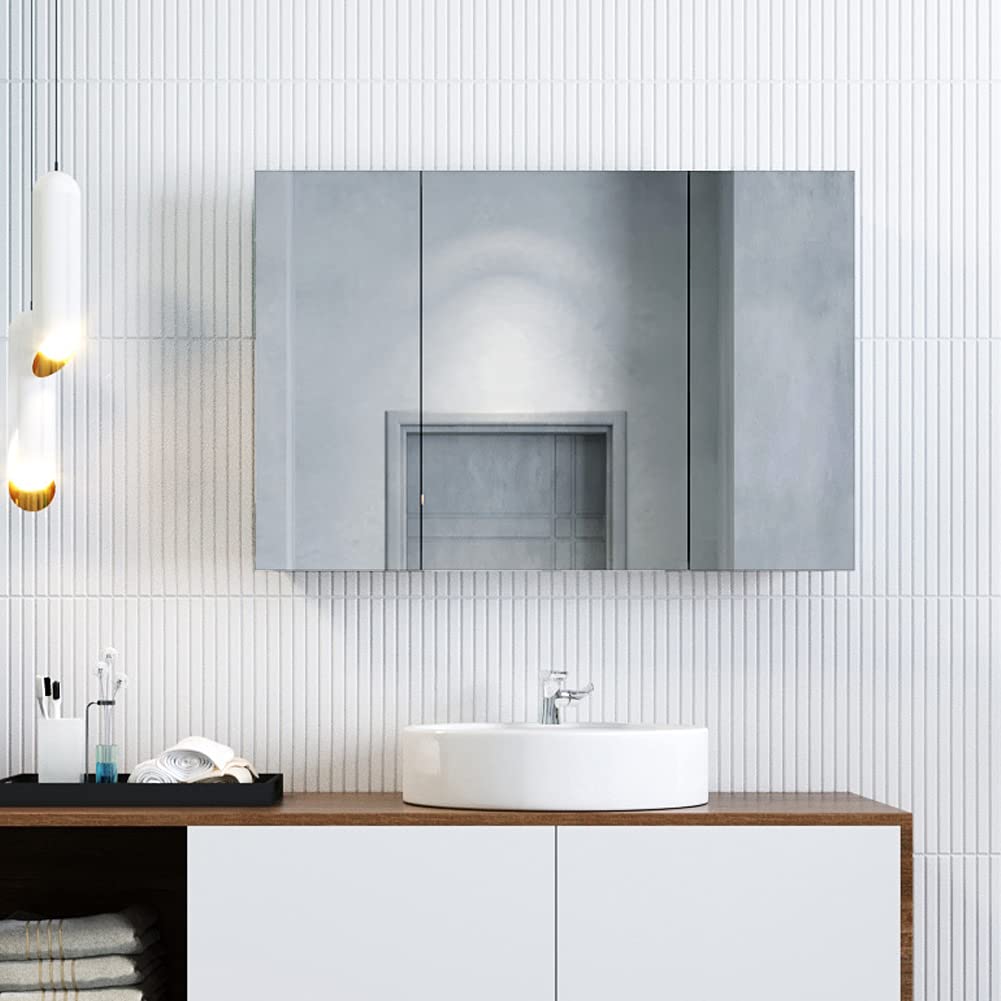ELEGANT Triple Door Bathroom Mirror Cabinet, Stainless Steel, 600 x 900mm