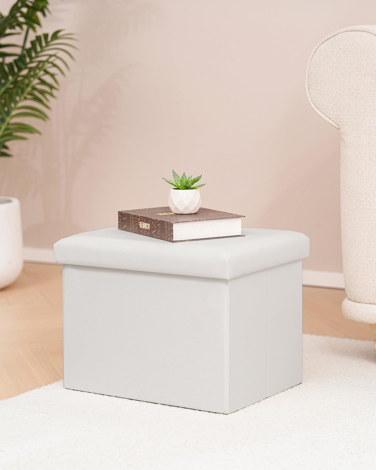 Bonlife Cream Ottoman Storage Box - Folding Foot Stool with Lid, Comfortable Storage Ottoman for Home,42x32x32 cm