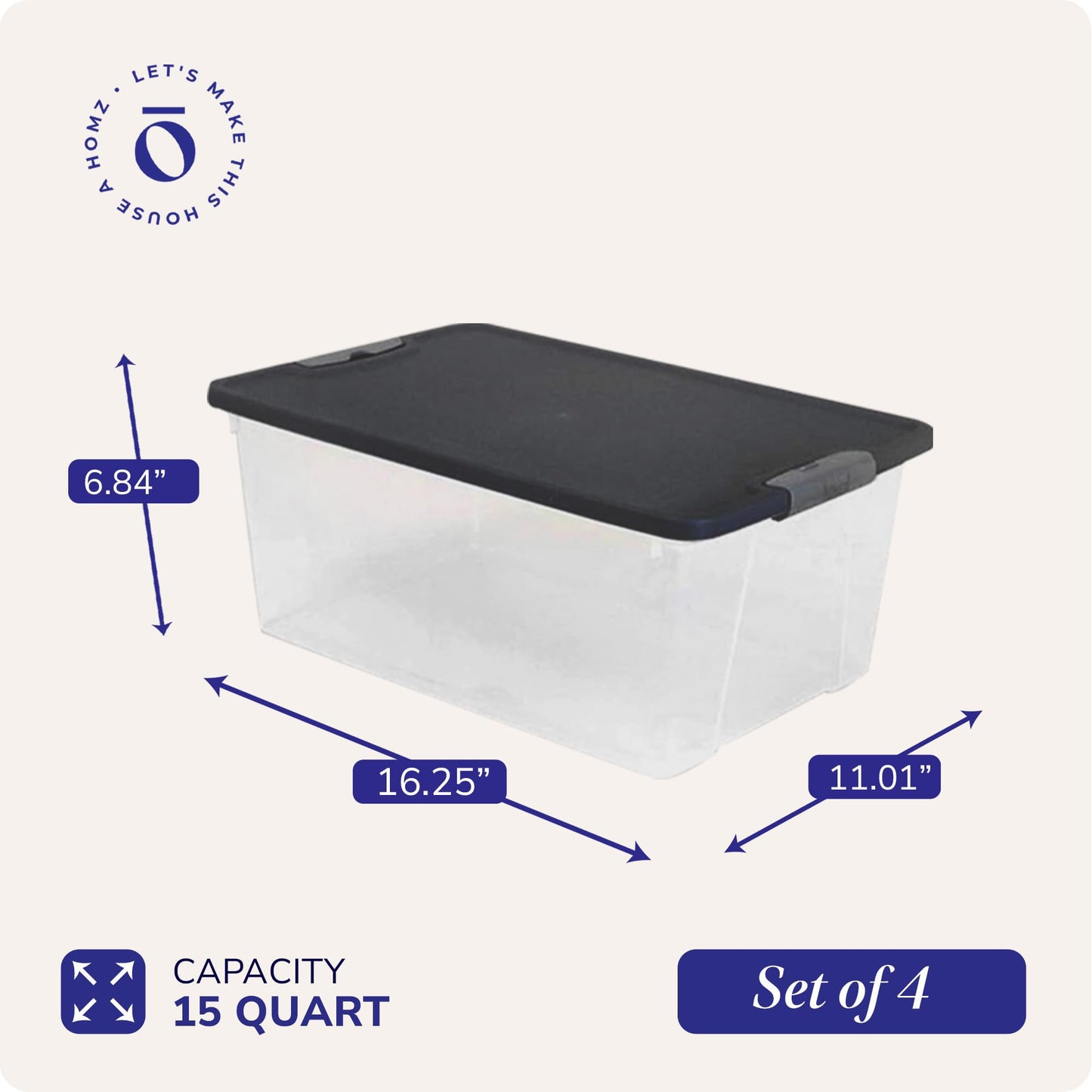 Homz 15-Quart Clear Plastic Stackable Storage Container Organizer Bin with Gray Snaplock Latching Lid for Home and Office Organization (4 Pack)