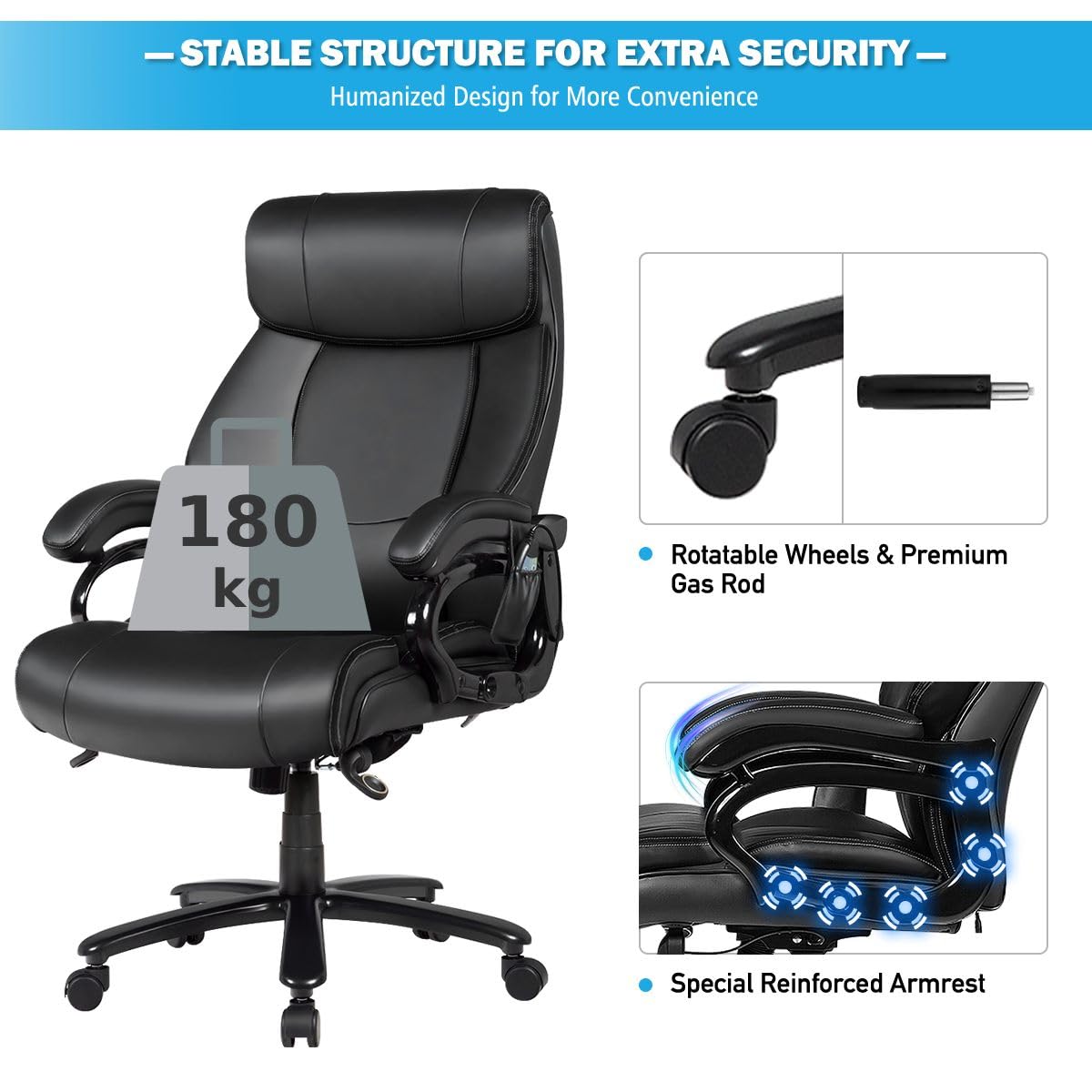 CASART PU Leather Office Chair, 300/400/500LBS Big and Tall Executive Chair with Rocking Backrest&Armrest, Heavy Duty Metal Base