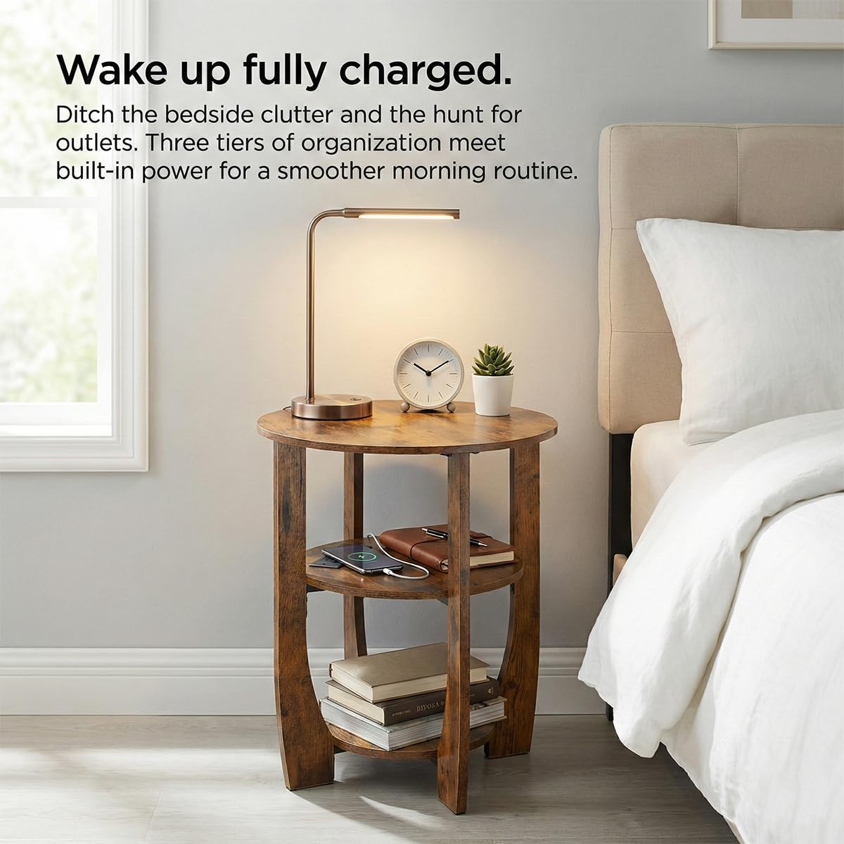 ZEXVIDA Round Side Table with Charging Station, 3 Tier End Table with USB Ports & Outlets, Nightstand for Bedroom,Living Room,Small Spaces