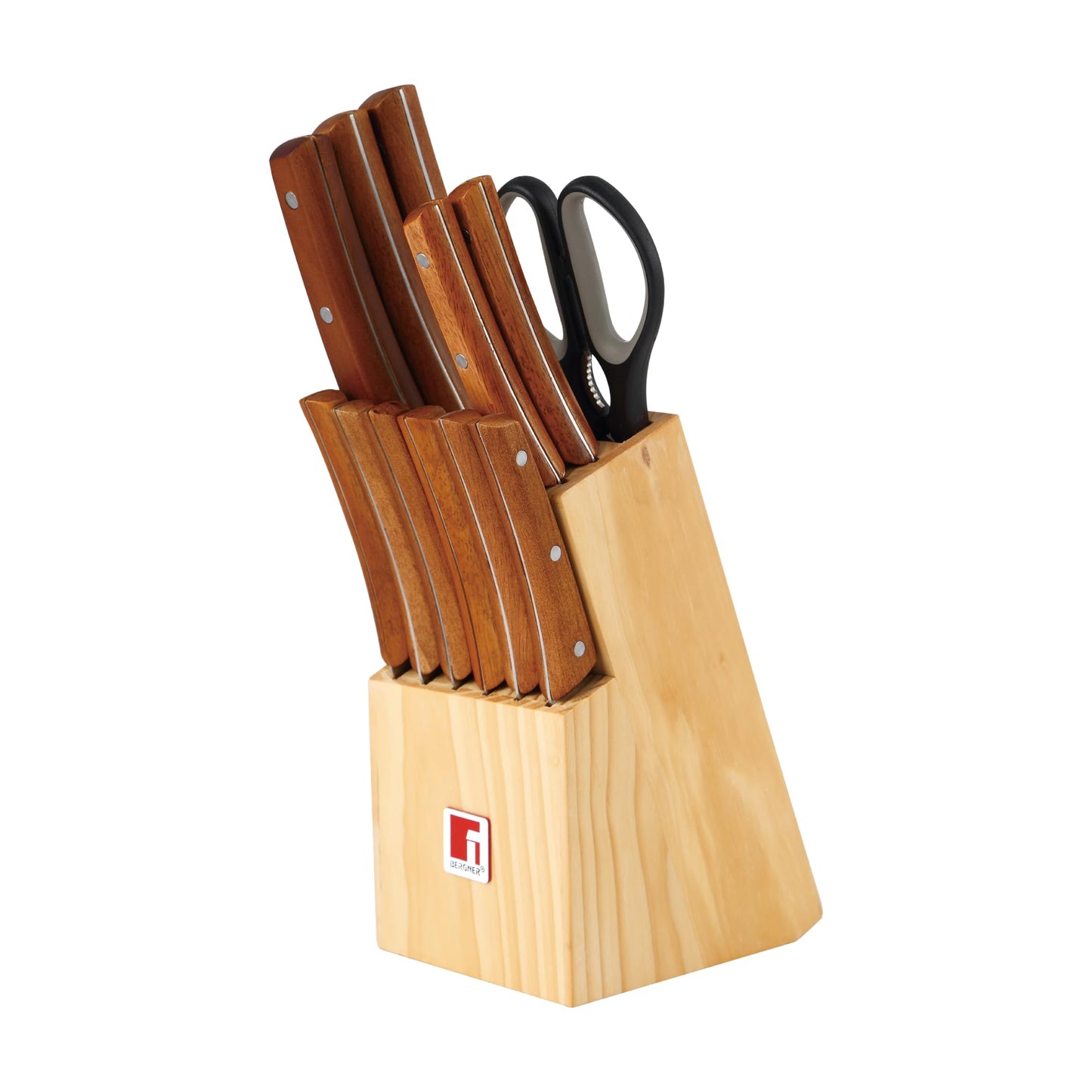 Bergner - Nature Knife and Scissors with Wooden Block Set of 13 - Ergonomic Wooden Handles, Matte Finish Blades - Dishwasher Safe