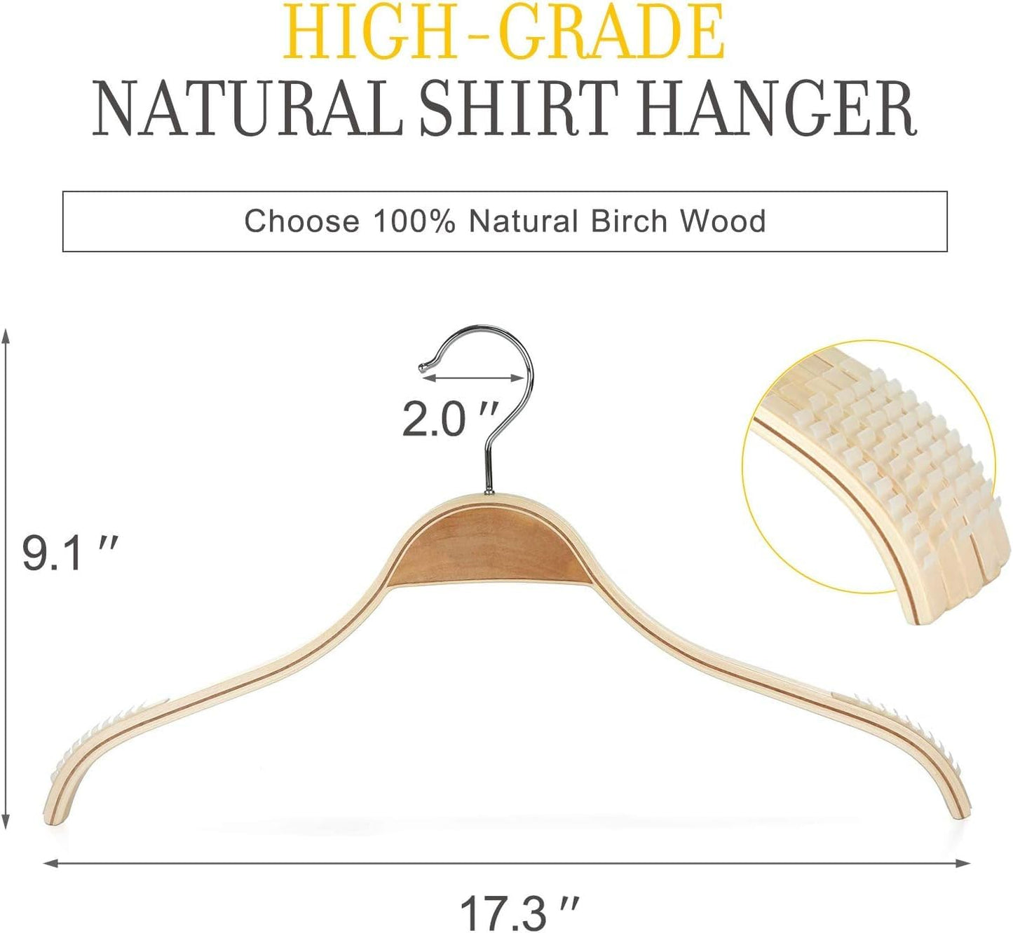TOPIA HANGER Slim Natural Wood Hangers with Extra Soft Non-Slip Rubber Grips, 30-Pack High-Grade Fashion Hanger No Shoulder Bump for Sweaters