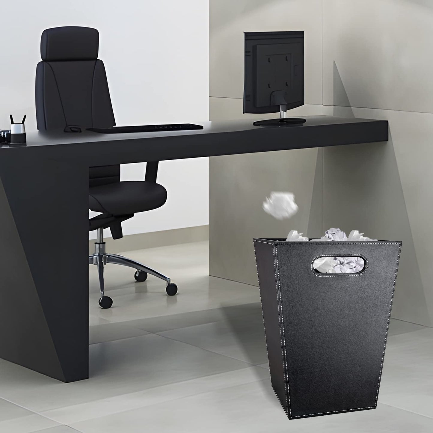 GORESE Office Square Waste Paper Bin Leather Modern Design Waste Paper Bin for Kitchen, Bathroom, Office (Black)