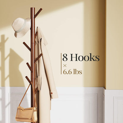 Pipishell Sturdy Wooden Coat Rack with 8 Hooks for Entryway, Brown
