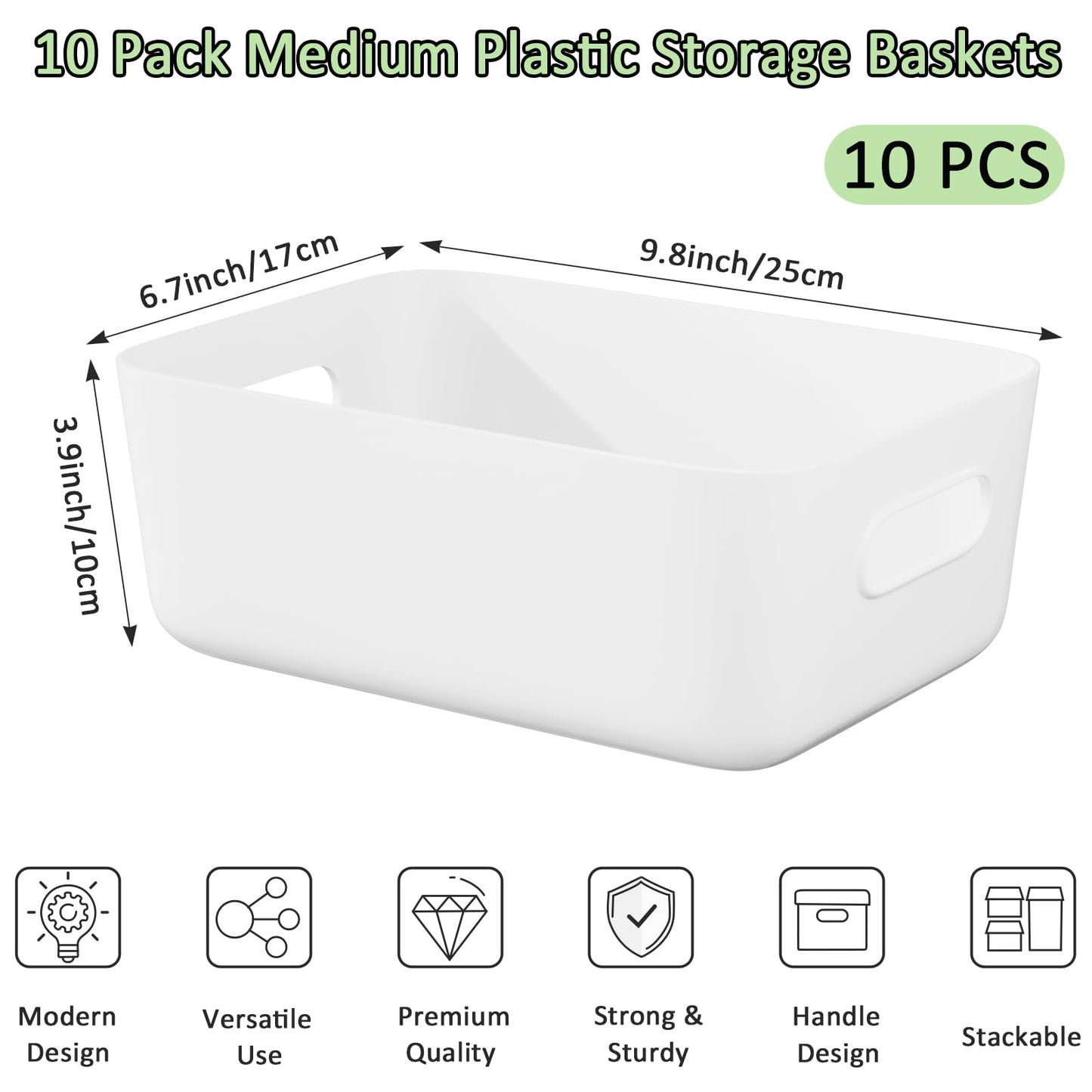 W&H 10 PCS White Plastic Storage Boxes with Handle, Medium Plastic Storage Baskets, Cupboard Organiser Boxes for Bathroom, Kitchen, Office