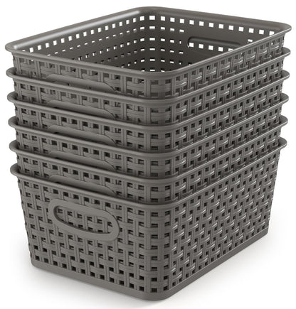 Weave Storage Organizer Baskets, Grey 6-Pack Plastic Woven Baskets, 10.1" x 7.55" x 4.1"