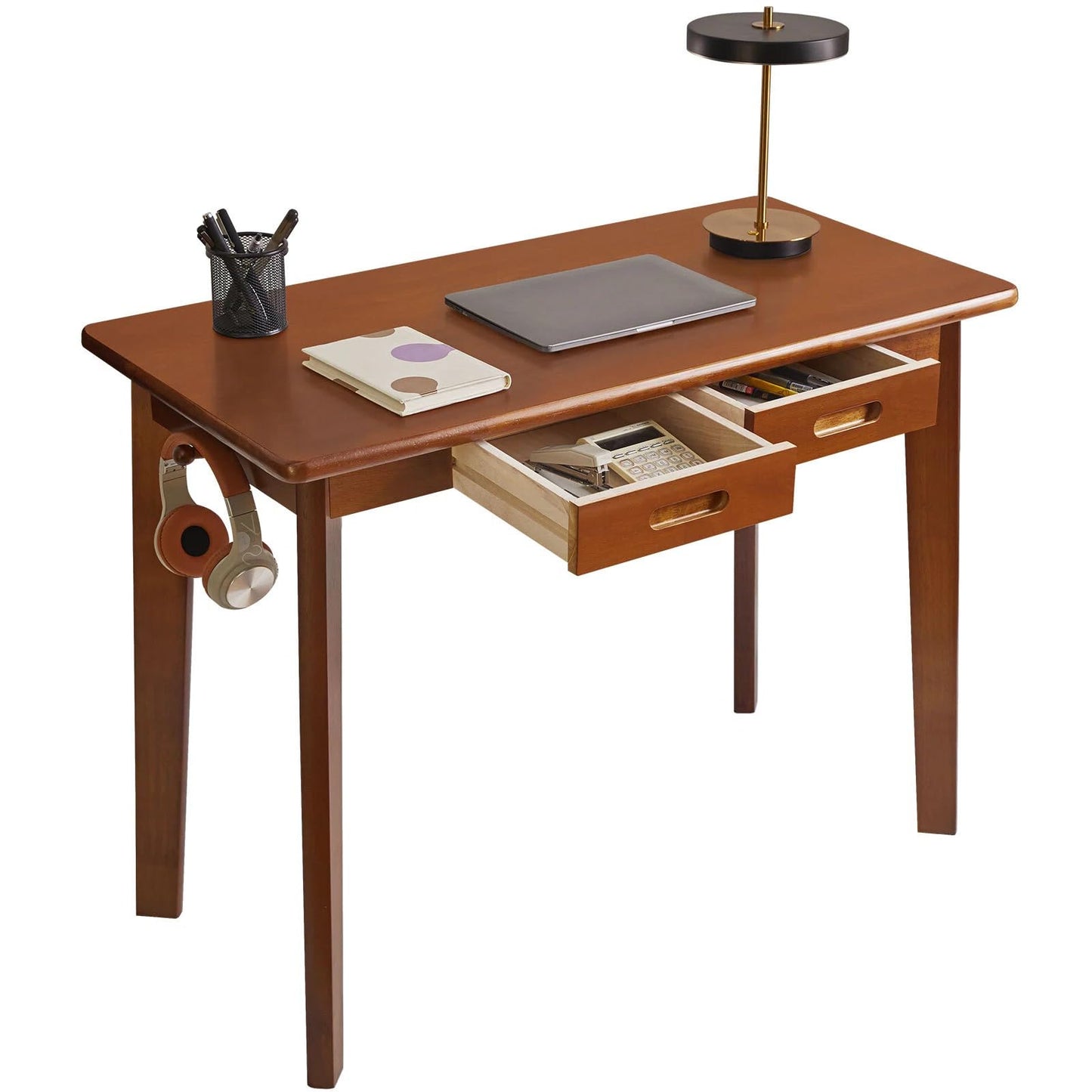 Aibiju Solid Wood Desk, Writing Desk, Small Office Table with drawers, 39x20x30inch Computer Desk with storage and Hanging Rod for Home Office