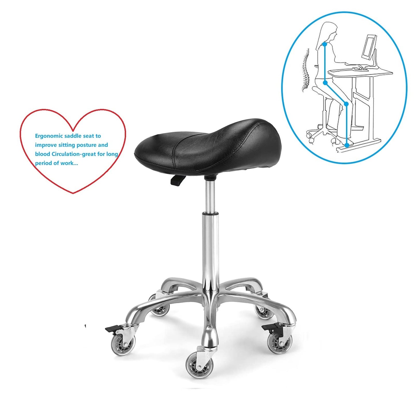McDooFly Ergonomic Saddle Stool with Wheels Rolling Saddle Chair Heavy Duty Height Adjustable Swivel Hydraulic Stool for Dental Clinic Massage Salon