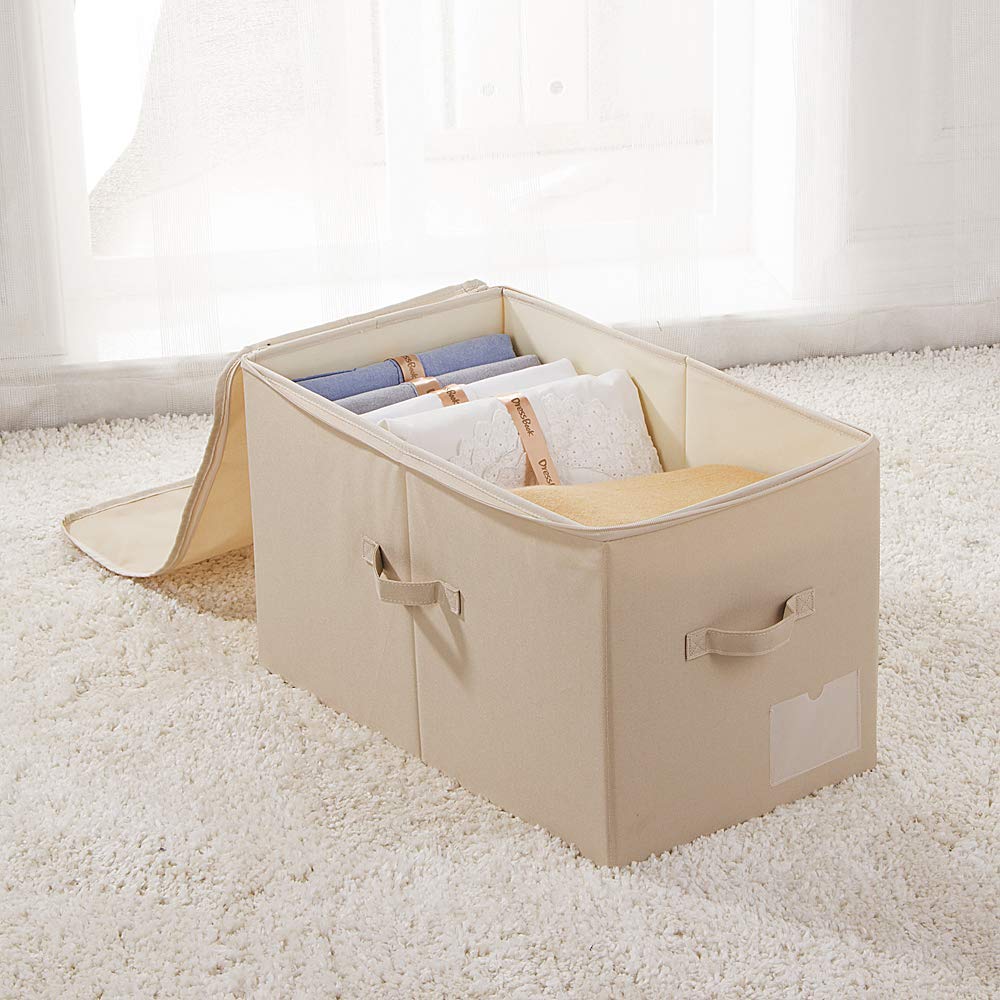 Amonsen Pack of 2, Zip Lidded Wardrobe Storage Bins for Clothes, Bedding, Foldable & Washable, Beige