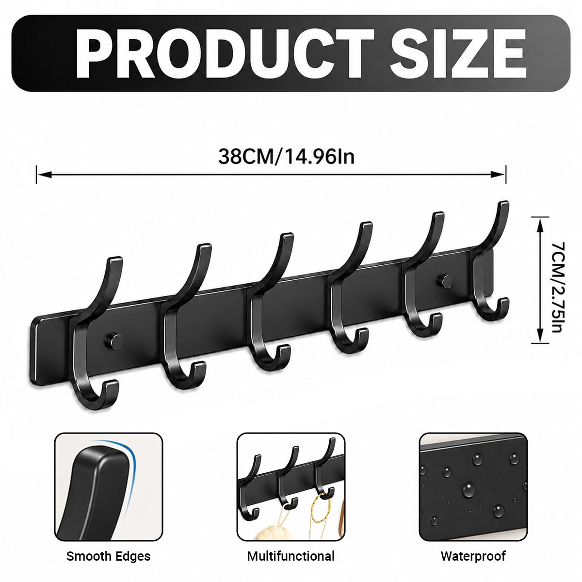 2 Pack Black Wall Mounted Coat Hooks, Heavy Duty Metal 6 Hooks Rust-Proof for Hanging Hats Clothes Jackets Towels Keys