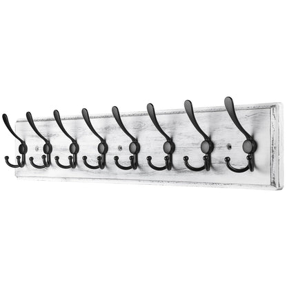 PHINGEER Wall Mounted Coat Hooks, Wooden Heavy Duty Coat Rack for Wall,8 Triple Coat Hanger Hooks for Hanging Coats,Jacket,Hat,Clothes(Grey White, 8