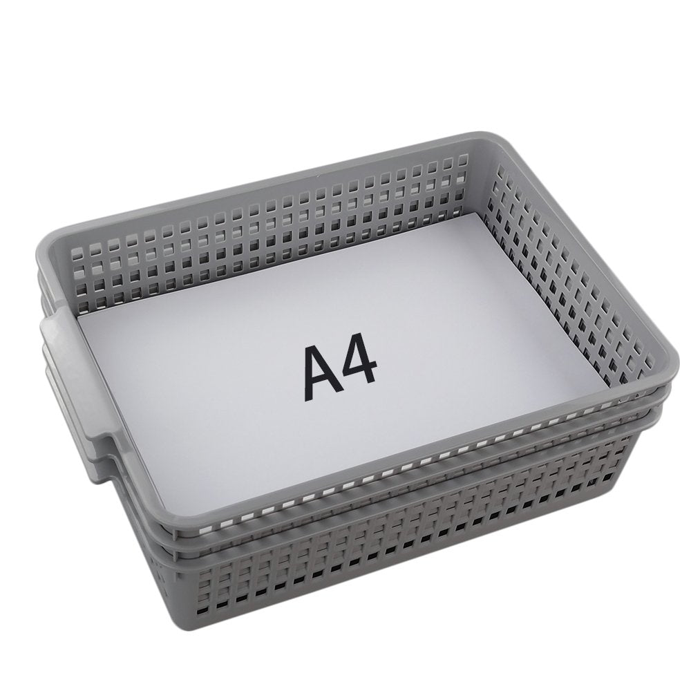 Bblina A4 Plastic Storage Basket, 3-Pack Shallow Storage Trays, Grey