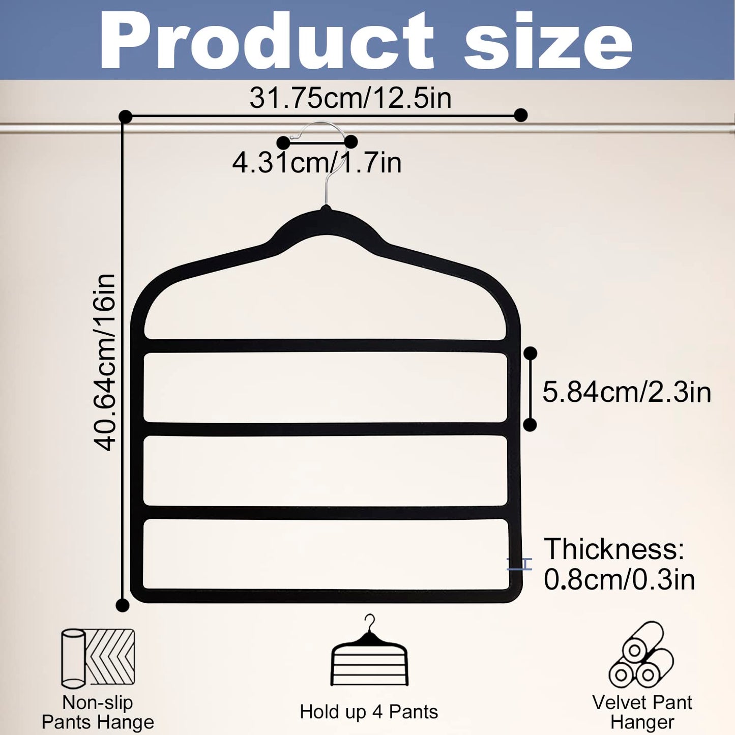 Trouser Hangers,Space Saving Hangers,Trouser Hangers Space Saving Non-Slip Pants Hanger-4 Pack Jeans Hangers Multi Bar Velvet Clothes Hanger Closet
