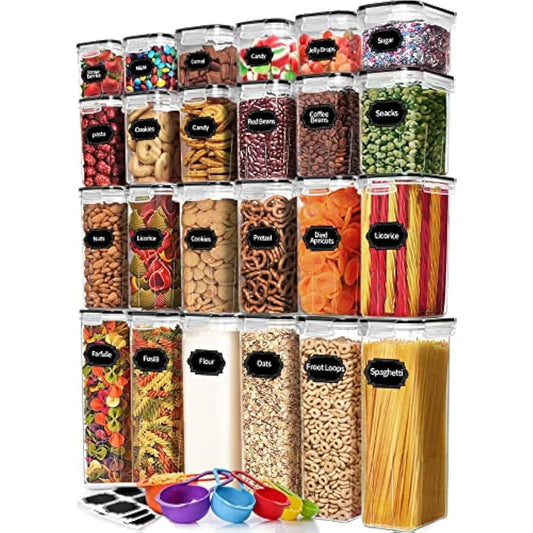 Skroam 24 Pack Airtight Food Storage Containers with Lids for Kitchen Pantry Organization and storage, BPA Free, Plastic Canister Set for Cereal, Pasta, Flour & Sugar - Spoon Set, Labels & Marker