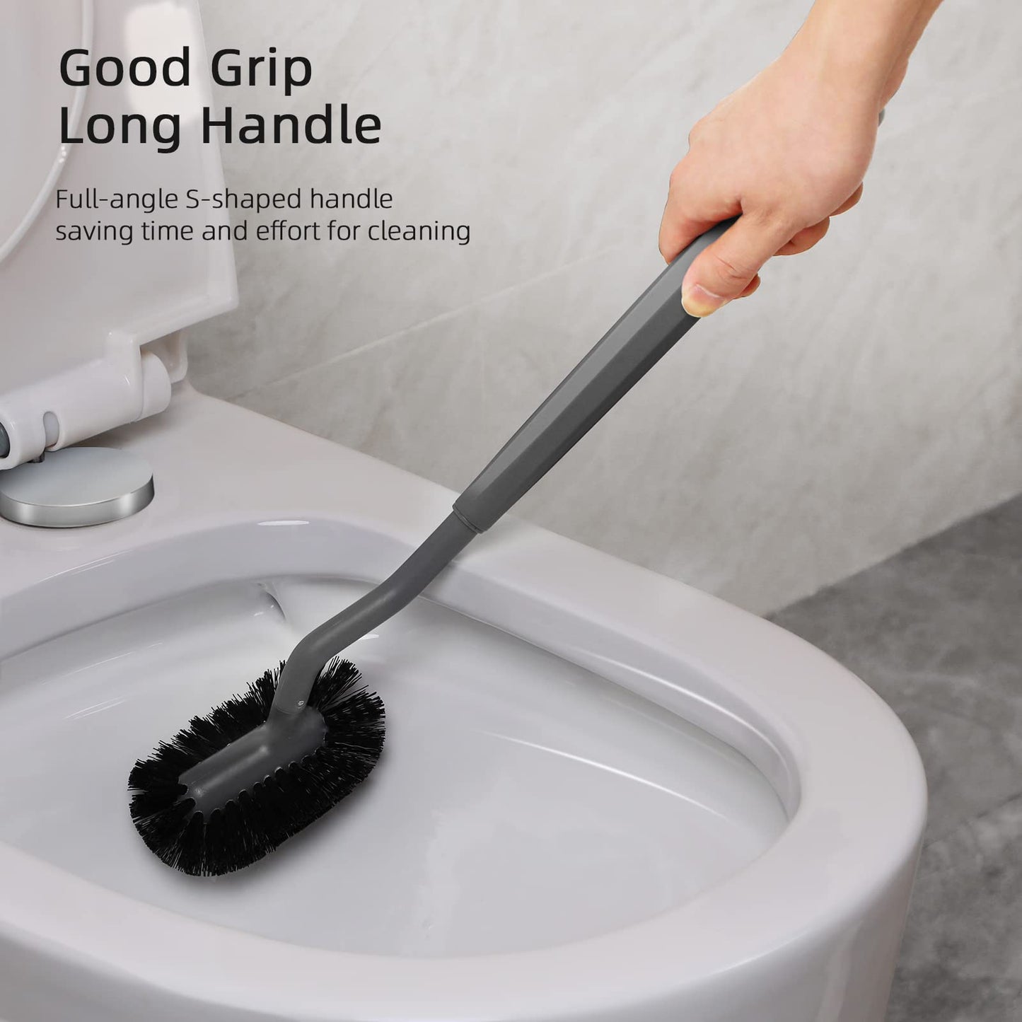 HAMITOR Toilet Bowl Brush Holder Set: Bathroom Deep Cleaning Toilet Cleaner Scrubber Under Rim with Curved Bristle for Dead Corner Clean