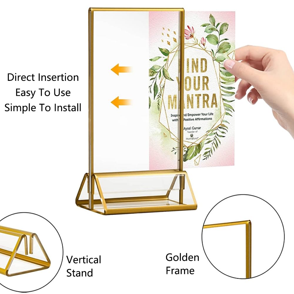 SagaSave 12Pcs Clear Acrylic Picture Table Stand with Gold Frames, 42x127x180mm, Double-sided Display, Gold Frame